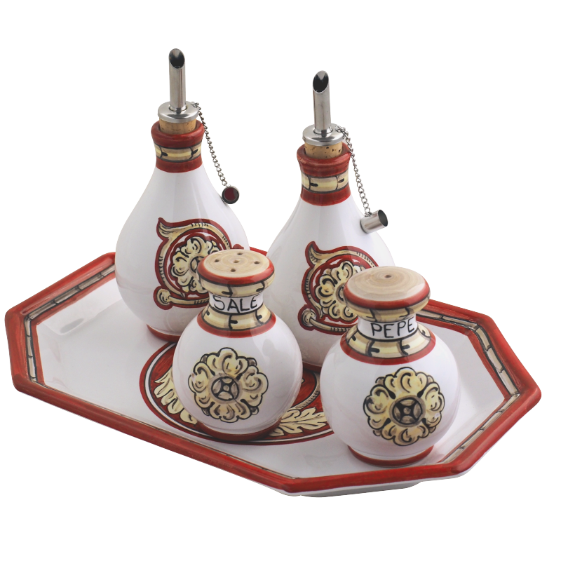 Set Olio Aceto Sale Pepe con Vassoio Pompei 0 1 - Ceramica di Deruta