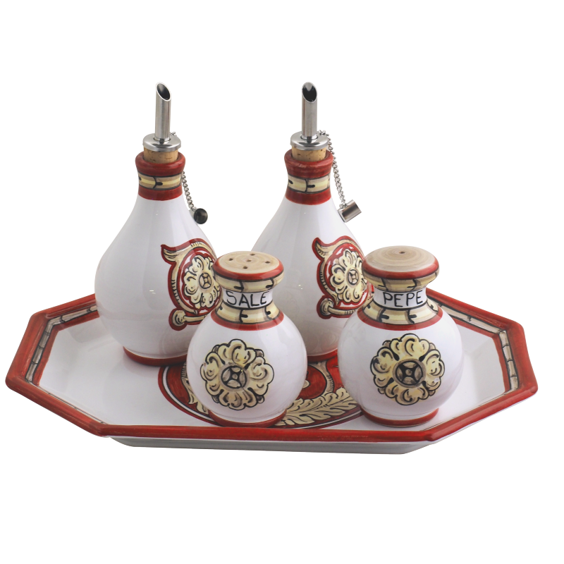 Set Olio Aceto Sale Pepe con Vassoio Pompei 3 1 - Ceramica di Deruta